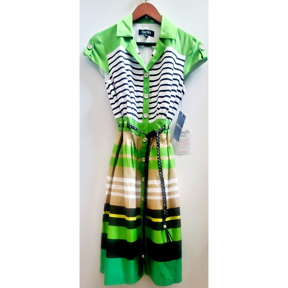 Chetta B Dress Shirtdress 6 Stripe w/ Belt NWT Lime Grn/Blk/Wht Silver Buttons